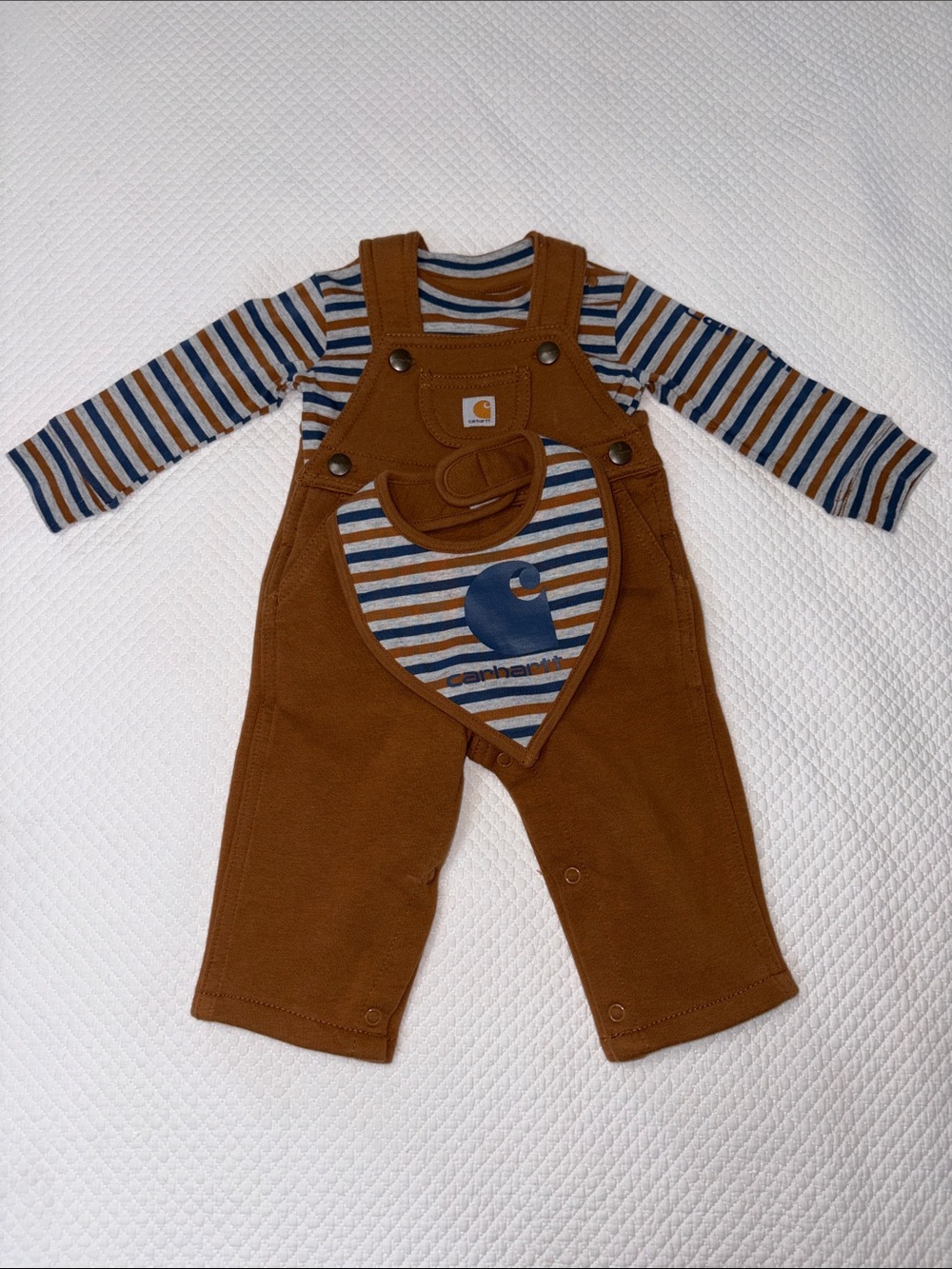 Carhartt Brown Baby Overalls with Blue & Gray Striped Tee